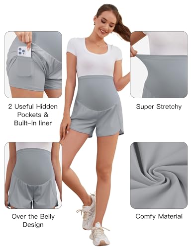 Image of PACBREEZE Women's Maternity Shorts Over Belly Quick Dry Workout Athletic Running Shorts with Zipper Pockets