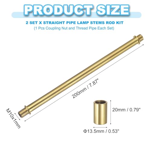 Image of PATIKIL Straight Pipe Lamp Stems Rod Kit, 2 Set M10 Carbon Steel 200mm(7.87 inch) Long Double End Thread Rod with Coupling Nuts Sleeve Connector for Table Lamps Chandeliers,Copper