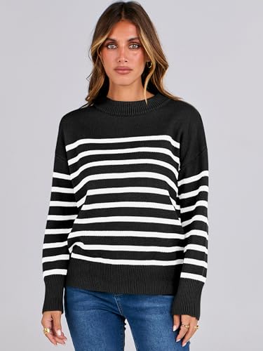 ANRABESS Women Fall Fashion Sweaters Striped Long Sleeve Crewneck Loose Fit Cozy Knit Trendy Pullover Sweater Tops2