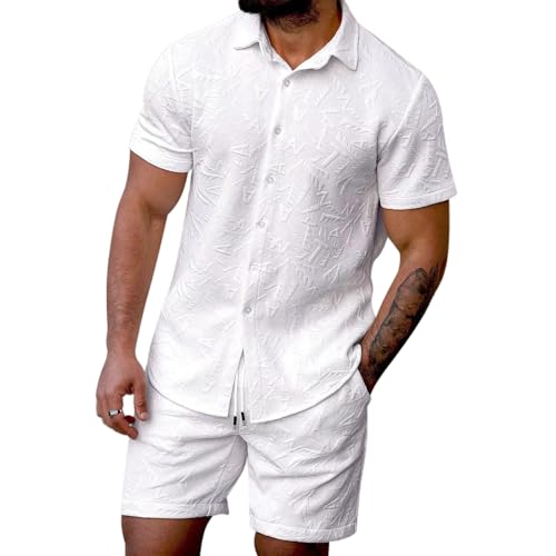 MANTORS Men's 2 Piece All White Outfits Summer Beach Button Down Shirt and Shorts Sets