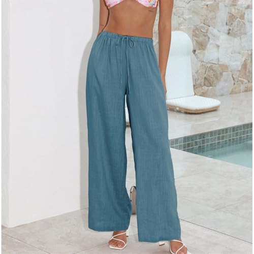 Image of Duyang Womens Cotton Linen Palazzo Pants Drawstring Elastic Waist Casual Wide Leg Trousers with Pockets