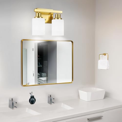 Image of 2-Light Gold Bathroom Light Fixture Vanity Light Over Mirror 10.6in | White Frosted Ribbed Glass Shade Modern Vanity Lights Fixtures Bathroom Wall Lamp Sconces for Mirror Small Space E26 Base