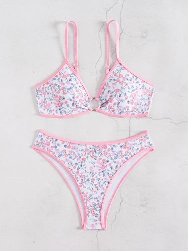 Image of Fanuerg Women's Triangle Bikini Sets O Ring Linked Two Piece Swimsuits Floral Printed Cheeky Bathing Suit