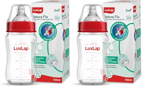 Image of LuvLap Natura Flo Wide Neck Glass Feeding Bottle, New Born /Infants /Toddler Upto 3 Years, BPA Free, Ergonomic Shape is Easy to Hold, with Anti Colic Nipple, 150ml (Pack of 2)