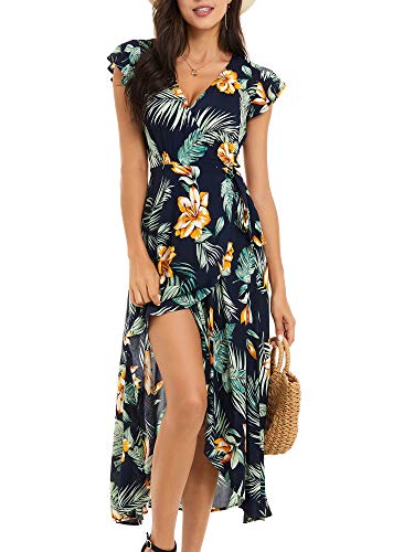 MSBASIC Vestido de verano para mujer, maxivestido de verano, con estampado floral, manga corta, para la playa, para fiestas, cuello en V, vestido envolvente con ranura para cinturón, lirio, XL Cover