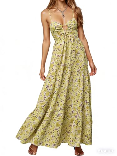 Image of Womens Summer Floral Spaghetti Strap Backless Low Cut Smocked Milkmaid Flowy Beach Sundresses
