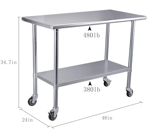 Image of ROCKPOINT Stainless Steel Table for Prep & Work with Caster Wheels 24x48 Inches, NSF Metal Commercial Kitchen Heavy Duty Table with Adjustable Under Shelf and Table Foot for Restaurant, Home and Hotel