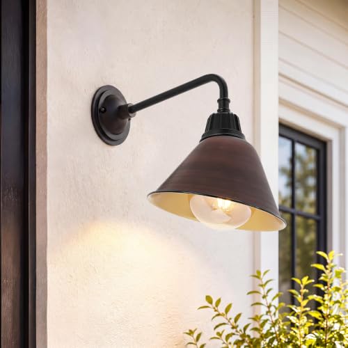 Image of JONATHAN Y Croydon 1-Light Gooseneck Barn Sconce 9.63 inch, Wood Finish /Copper