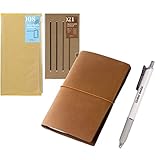 Midori Traveler's Notebook Leather BUNDLE SET, Regular Size Camel, Refill Connection Rubber Band, Clear Zipper Case, DaiDai Original ballpoint pen
