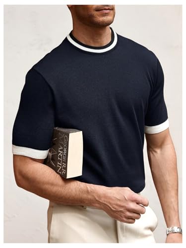 Men's Short Sleeve Summer Knit Tops Contrast Binding Crew Neck Casual Sweater2