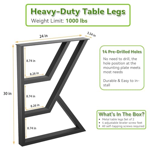 Image of Upgraded 3 Tier Table Legs 30 inch x 24 inch K-Shaped Desk Heavy Duty Metal for Table Black Furniture for Dining Table Office Computer Desk (Set of 2) (Only Legs)