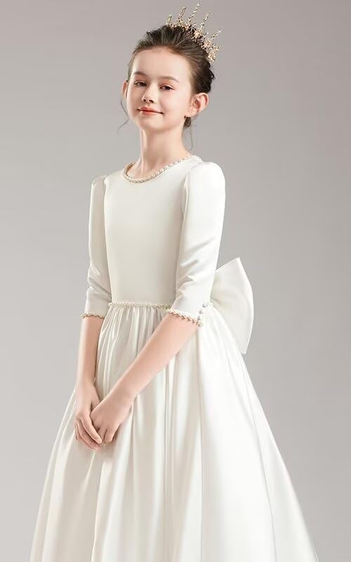 Satin Flower Girl Dresses for Wedding Pearls Pageant Dresses for Girls Birthday Party Ball Gown with Bow-Knot3