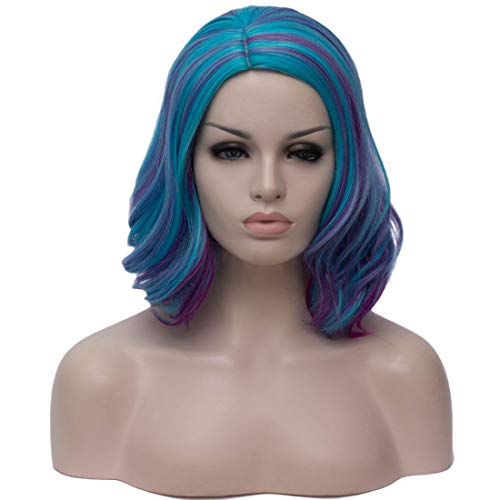 BUFASHION Bob Curly Wavy Wig Short Blue With Purple Wigs Cosplay Costume Halloween Wigs For Women With Wig Cap (Blue With Purple)