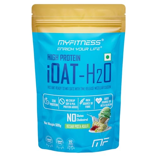 Image of Myfitness High Protein iOat H2O | Added Micellar Casein Protein | Instant Ready To Mix Beta Glucan Rich Flavoured Oats Powder | High Protein Oats Breakfast Cereals (500g (Pack Of 1), Kesar Pista Kulfi)