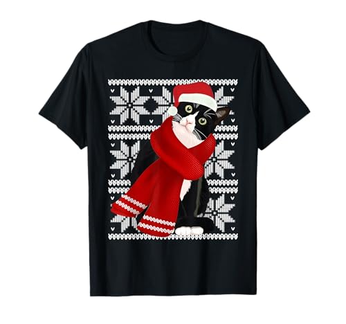 Ugly Christmas Black Cat Santa Hat Scarf Holiday Cute T-Shirt