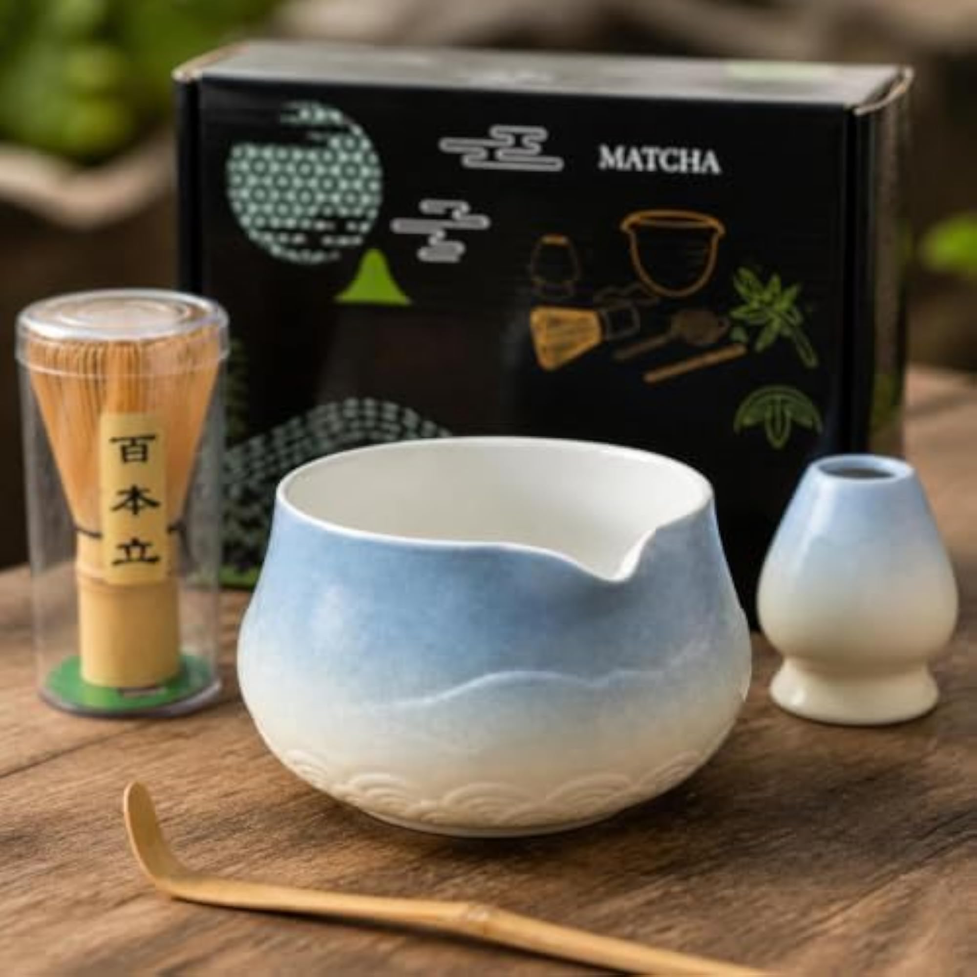 Japanese Style Ceramic Matcha Tea Set with Mountain and Water Pattern Bowl