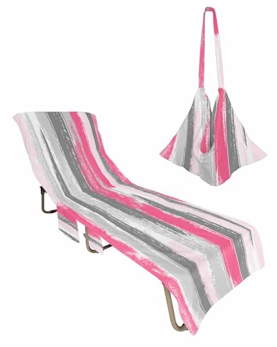 Pink Grey Beach Lounge Chair Towel Cover, Soft Chaise Lounge Towel with Side Pockets Patio Pool Chairs Cover for Beach/Pool Sunbathing 29x85 Modern Abstract Art Striped Geometric
