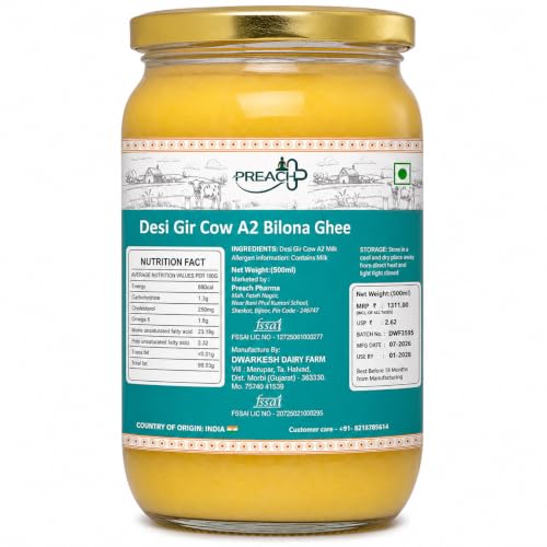 Image of A2 Bilona Desi Cow Ghee, Made From Gir Cow Milk 500ml Glass Bottle
