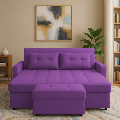 Image of Emilio 2-Seater Sofa Cum Bed for Living Room, Office & Home with Center Table | Premium Fabric Pull-Out Sofa Set with 1 Year Warranty | Space Saving Convertible Sleeper Sofa | Purple Colour