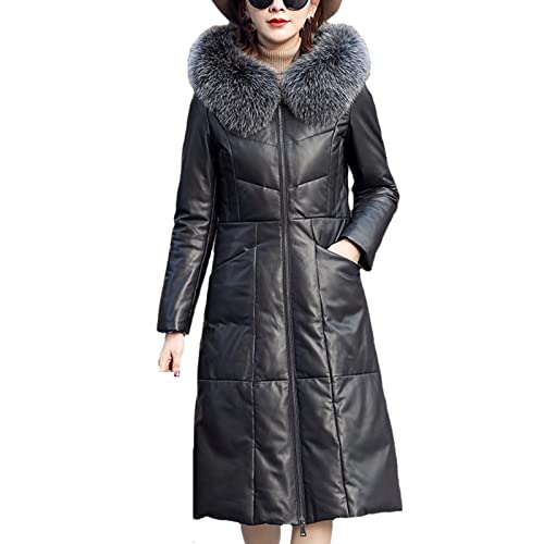 Chaqueta de piel de invierno para mujer, con capucha y cuello de piel, Negro, M