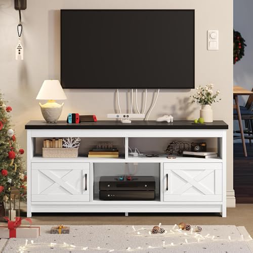 YITAHOME Farmhouse TV Stand with Power Outlets for 65" TV, White/Black by YITAHOME - Used condition - Image 7
