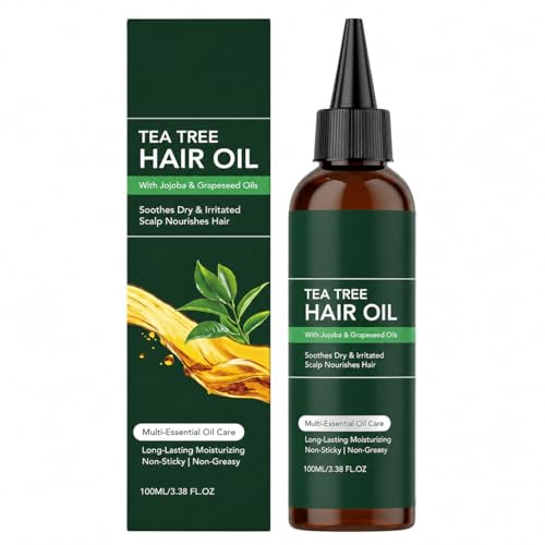 Teebaumöl Haaröl 100ml, Pflegendes Kopfhautöl mit Jojoba- & Traubenkernöl, Spendet Feuchtigkeit für Trockene Kopfhaut, Langanhaltende Haarpflege für Geschmeidiges Haar, Nicht Fettend & Leicht