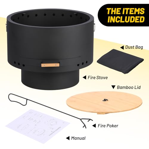 Garvee 26 Inches Smokeless Fire Pits, Wood Burning Firepits with Fire Poker, Outdoor Portable Fire Pits with Removable Ash Pan and Hardwood Top, Backyard Fireplace for Camping, Picnic