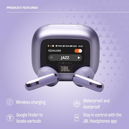Image of JBL Live Flex 3 Wireless Earbud Headphones with Bluetooth, 50 Hours Battery Life, True Adaptive Noise Cancelling and High Resolution JBL Signature Sound, IP54 Waterproof, with Earplugs, Purple