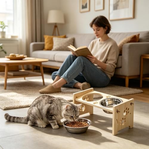 Abreuvoir réglable en bois avec protections pour chien et chat