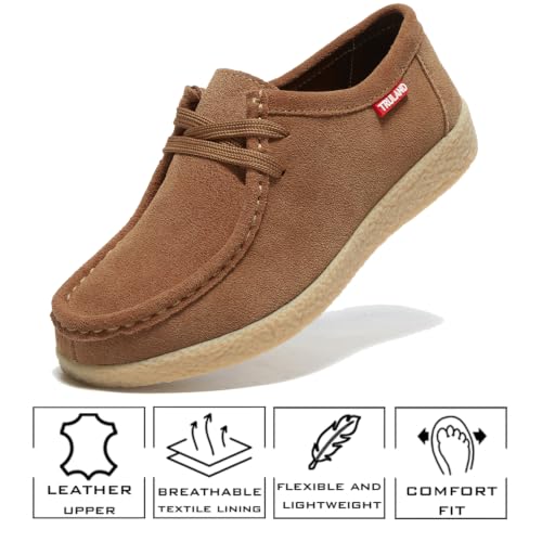 Image of TRULAND Leather Oxford Shoes for Women - Suede Lace Up Moc Toe Low Platform Flat Wallabees Shoes