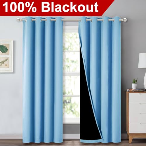 Image of NICETOWN 100% Blackout Curtains 84 inches Long, Blue, 52 inches Wide, Pair of Energy Smart & Noise Blocking Out Drapes for Baby Room Window, Thermal Insulated Guest Room Lined Window Dressing