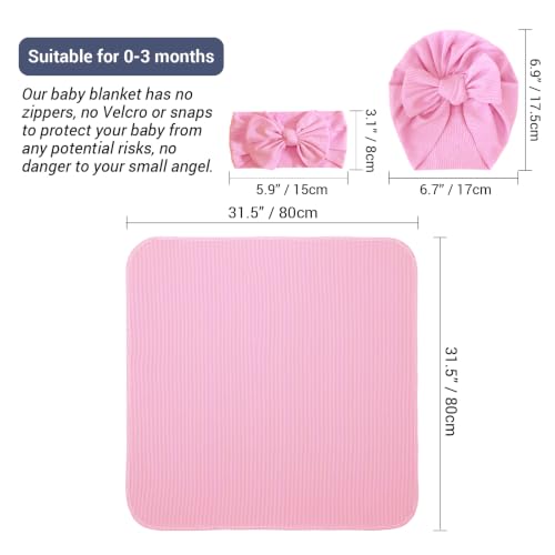 Image of DRESHOW BQUBO Baby Girl Newborn Receiving Blankets with Bow Hat Headband Wooden Birth Announcement Card Set Newborn Baby Swaddle Wrap Set Warm Shower Gift