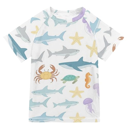 Under Ocean Animal Shark Crab Colorful White Short Sleeve Kids Bathing Suit Big Girls Swimsuit Childrens Bathing Suits for 3-12 Years trajes de bano para ninas