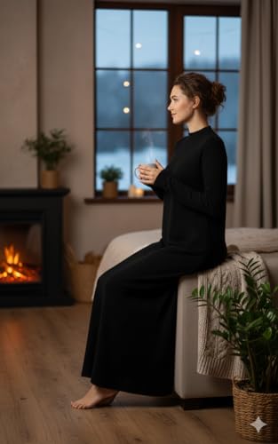 Image of Winter Wear Woolen Nighty Dress Black Polar Nighty Women Gown Dress Maxi Soft Velvet Feel Full-Length Maxi Nighty Free Size Nightwear