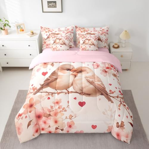 Image of Erosebridal Chickadee 7 Piece Comforter Set Full Bed in A Bag Pink Valentine Bedding Set for Girls Kids Love Heart Pattern Sheet Set with Comforter Heart Floral Spring Duvet Insert