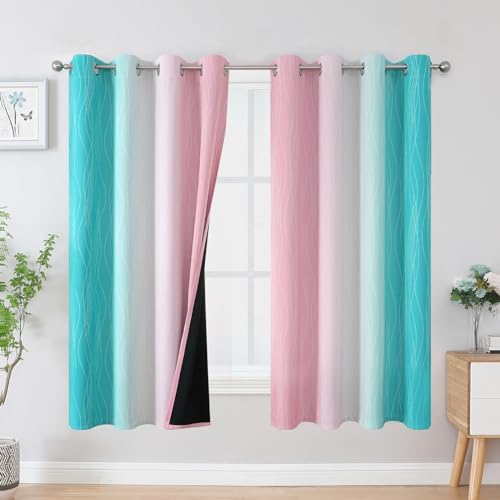 Estelar Textiler Pink and Teal Ombre Blackout Curtains for Bedroom 63 Inch