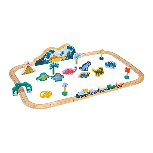 Manhattan Toy T-Rex Express 45-Piece Jurassic-Themed Wooden Toy Train Set for Toddlers 3 Years and Up