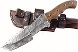 Moorhaus Damascus Knife Handmade Tanto Tracker - Walnut Wood Handle - Includes Leather Sheath - Special Promotional Pricing