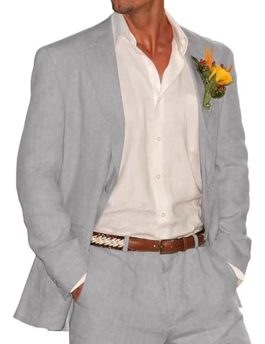 Linen Suit for Men 2 Piece Beach Wedding Pants Regular Fit Casual Lightweight Blazer Jacket Sets Outfits JXZ033