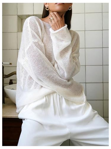 Women's Sheer Mesh Long Sleeve Tops Boat Neck See Through Lightweight Sweater Crochet Knit Tops4