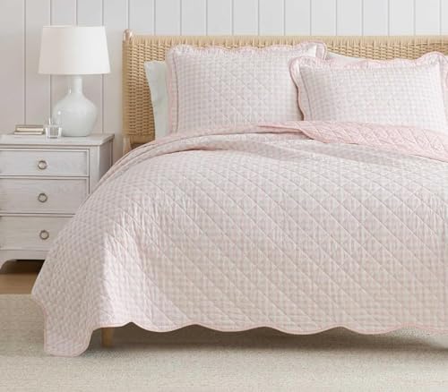 Image of Martha Stewart - Queen Quilt Set, 100% Soft & Breathable Bedding with a Lightweight Feel for Year Round Comfort, 3 Piece Bed Set with Matching Pillowcases (Olivia Gingham Pink)