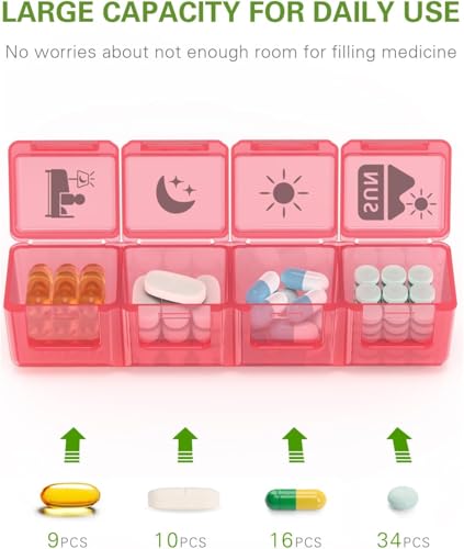 Image of Fullicon Large Weekly Pill Organizer 4 Times a Day, 7 Day, Black Rainbow | Each Compartment Holds up to 9 Fish Oils, 10 Vitamins, or 16 Capsules, Secure Double Latch, Clear Day Labels