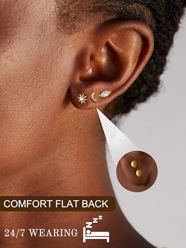 THUNARAZ 14K Gold Flat Back Earrings for Women Men Dainty Hypoallergenic Surgical Stainless Steel Stud Small Cartilage Helix Conch Tragus Multiple Piercing Jewelry Screw Back Earring Sets CZ Opal 20G4