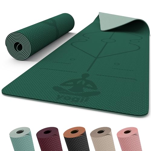 Yogii Tapis de Yoga 6 mm Antidérapant – Tapis Fitness en TPE pour Yoga, Pilates et Entraînement à Domicile – Tapis de Sport avec Lignes d’Alignement – Femme...