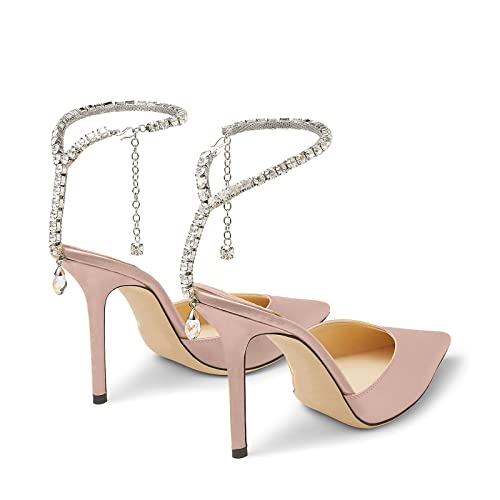 Image of LauraVicci Women's Heeled Sandals Crystal Chain Ankle Straps Rhinestones Buckle High Heels Stiletto Slip On Wedding Party Satin Dress Shoes