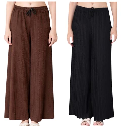 Image of Women Solid Wide Leg Palazzo Pants | Elastic Waist Drawstring Lounge Palazzo Trousers | Casual Comfortable Palazzo for Women & Girls