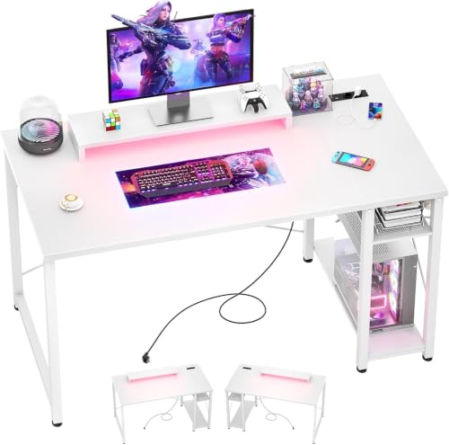 iSunirm Gaming Tisch 100x50cm Weiß mit LED & 2 Steckdosen + 2 USB, Computertisch mit Monitorständer, Wendbarer Kleiner Tisch für Homeoffice & Gaming Room Gaming Schreibtisch
