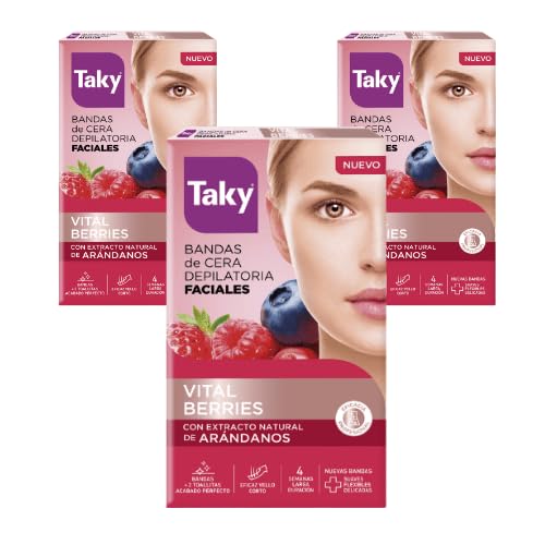 Taky Vital Berries Bandas de Cera Depilatoria Faciales, Pack de 3 x 16 Bandas + 2 Toallitas, con Extracto Natural de Arándanos, Depilación Facial para Rostro