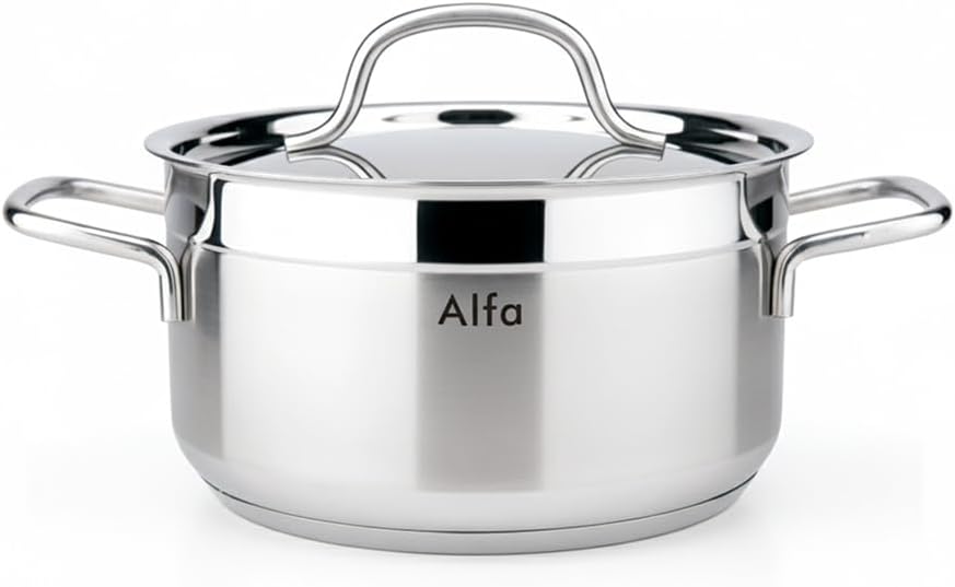 Alfa Stainless Steel Casserole with Lid, 8.0L Capacity (26×15cm) – 18/10 Cr-Ni Food-Grade Steel, Triplex Capsule Induction Bottom, Mirror Finish & Heat-Resistant Handles – Suitable for All Cooktops
