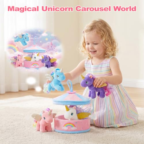 Image of OUOZZZ Unicorn Toys for Girls Stuffed Animals 4 Mini Plushies Playset | Carousel House with Handle, Gift-Ready, Travel- Friendly